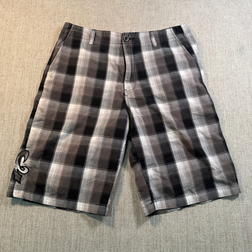 Micros Homegrown Los Angeles Mens Plaid Shorts Black Grey White Size 34 MZXS6117